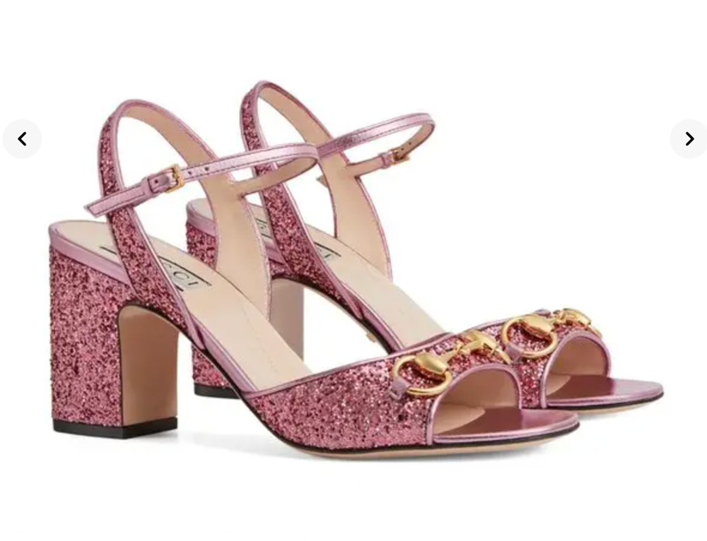 Gucci Mid-Heel Lady Horsebit Pink Metallic Glitter Sandal 37.5 Leather